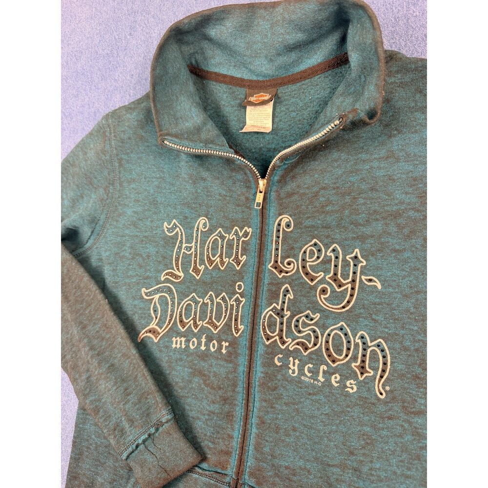 Harley-Davidson Women’s Medium Teal Full Zip Sweatshirt Rhinestone Logo